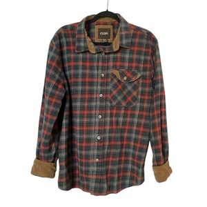 CQR Mens Red & Dark Green Plaid Button Up Size 2XL XXL Tan Corduroy Accent